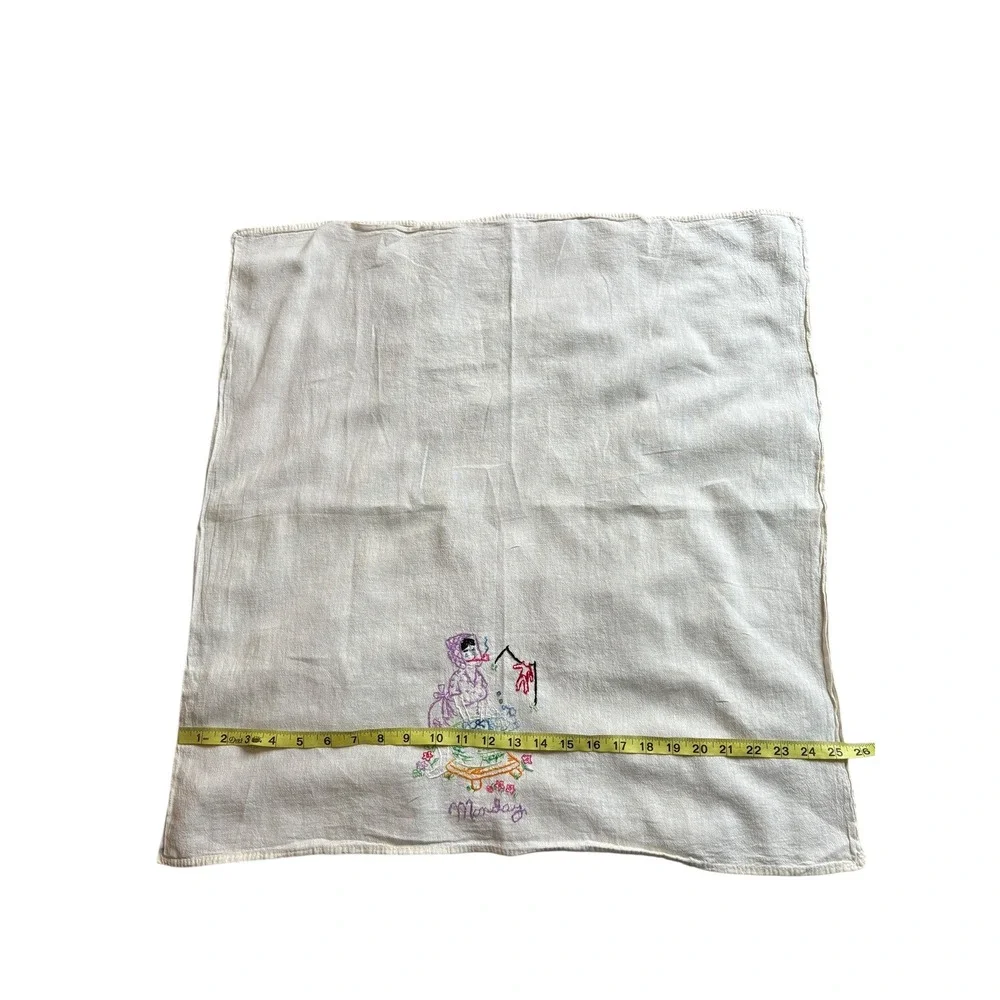Vintage Hand Embroidered Monday Wash Day‎ Towel Sunbonnet Lady Cotton Linen